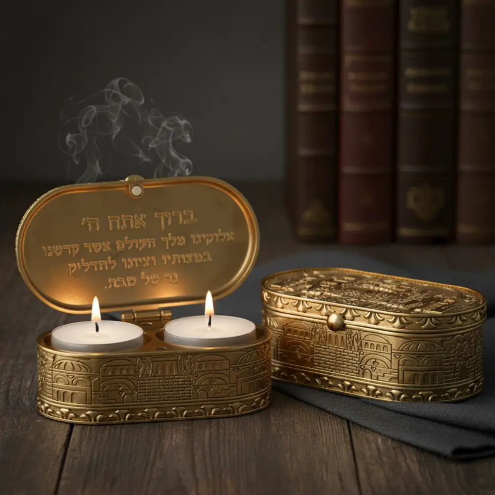 פמוטי נסיעה זהב בקופסא עם מכסה "ירושלים" 4X9 ס"מ