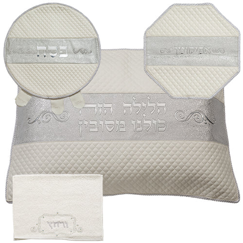 סט פסח מהודר דמוי עור 4 חלקים, מכיל כיסוי פסח, כיסוי אפיקומן כרית הסבה ומגבת אריזת פיויסי