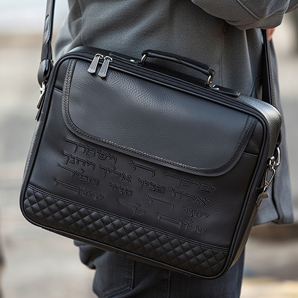 תיק טלית דמוי עור שחור פיו מפואר עם רקמה "יברכך" 43X36 ס"מ